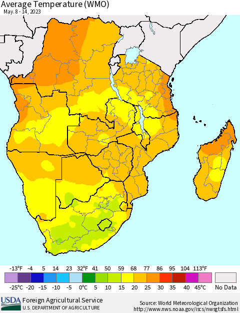 Southern Africa Average Temperature (WMO) Thematic Map For 5/8/2023 - 5/14/2023