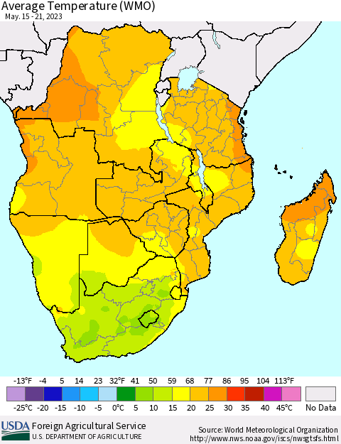 Southern Africa Average Temperature (WMO) Thematic Map For 5/15/2023 - 5/21/2023
