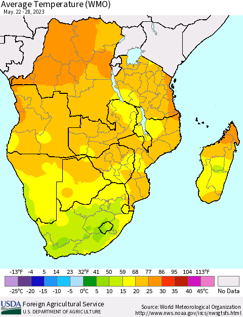 Southern Africa Average Temperature (WMO) Thematic Map For 5/22/2023 - 5/28/2023