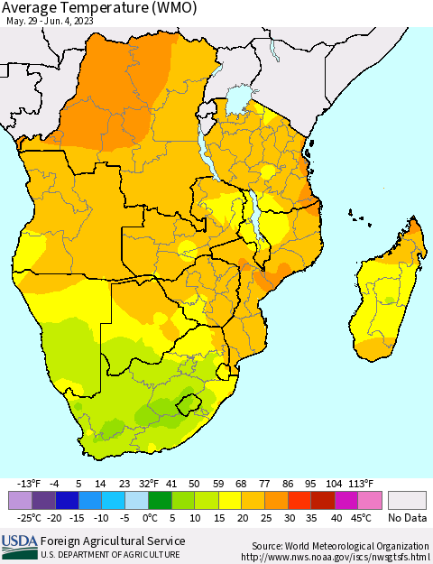 Southern Africa Average Temperature (WMO) Thematic Map For 5/29/2023 - 6/4/2023