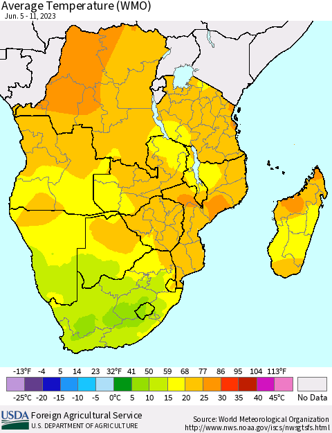 Southern Africa Average Temperature (WMO) Thematic Map For 6/5/2023 - 6/11/2023