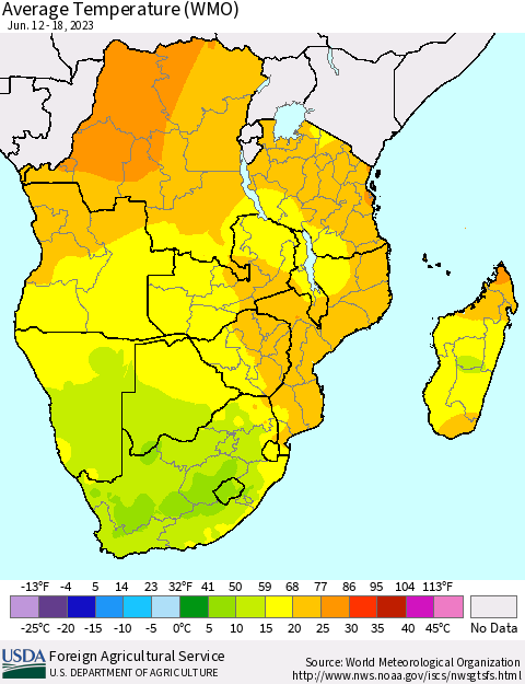 Southern Africa Average Temperature (WMO) Thematic Map For 6/12/2023 - 6/18/2023