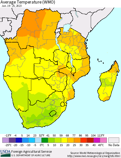Southern Africa Average Temperature (WMO) Thematic Map For 6/19/2023 - 6/25/2023