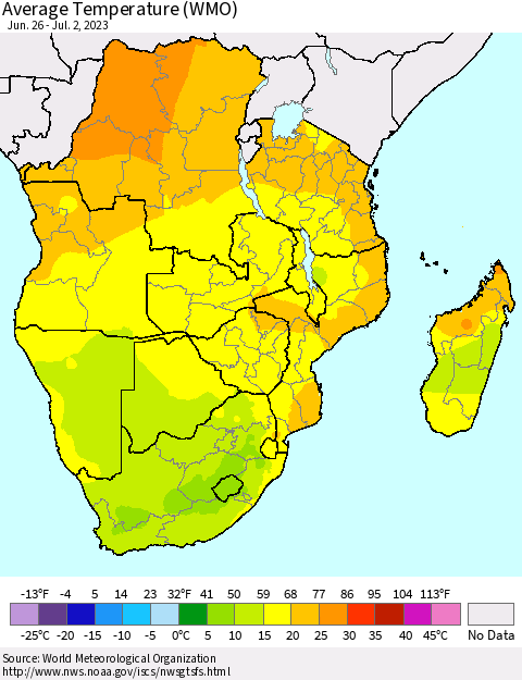 Southern Africa Average Temperature (WMO) Thematic Map For 6/26/2023 - 7/2/2023