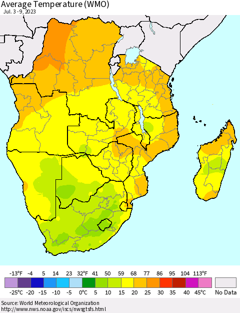 Southern Africa Average Temperature (WMO) Thematic Map For 7/3/2023 - 7/9/2023