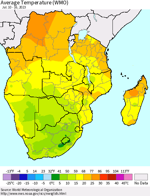 Southern Africa Average Temperature (WMO) Thematic Map For 7/10/2023 - 7/16/2023