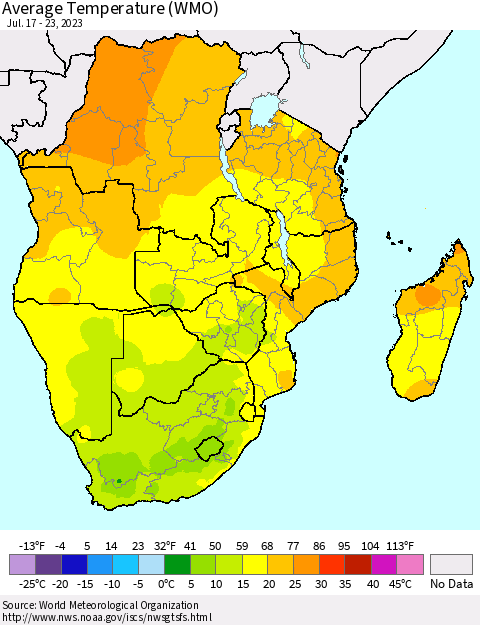 Southern Africa Average Temperature (WMO) Thematic Map For 7/17/2023 - 7/23/2023
