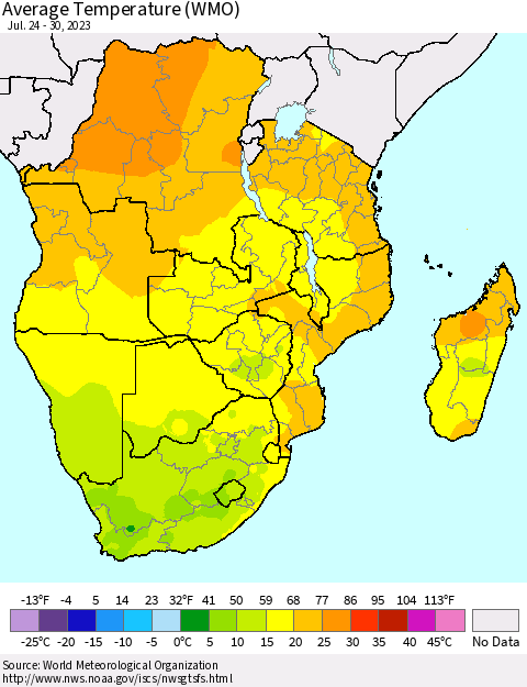 Southern Africa Average Temperature (WMO) Thematic Map For 7/24/2023 - 7/30/2023
