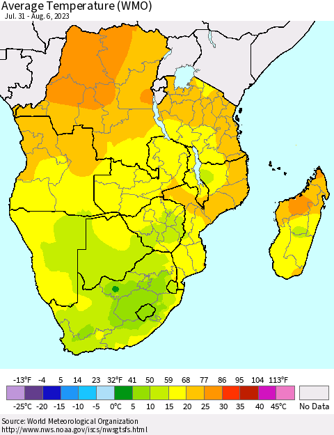 Southern Africa Average Temperature (WMO) Thematic Map For 7/31/2023 - 8/6/2023