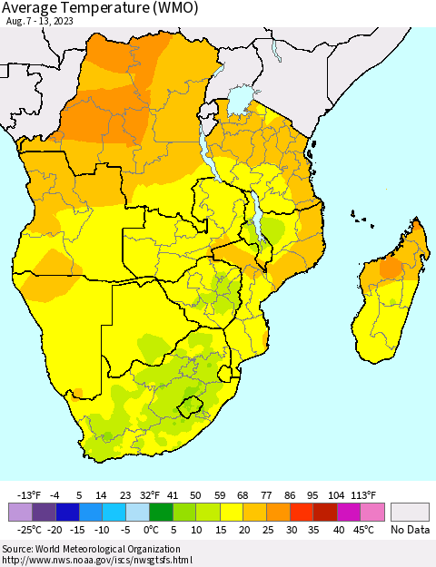 Southern Africa Average Temperature (WMO) Thematic Map For 8/7/2023 - 8/13/2023