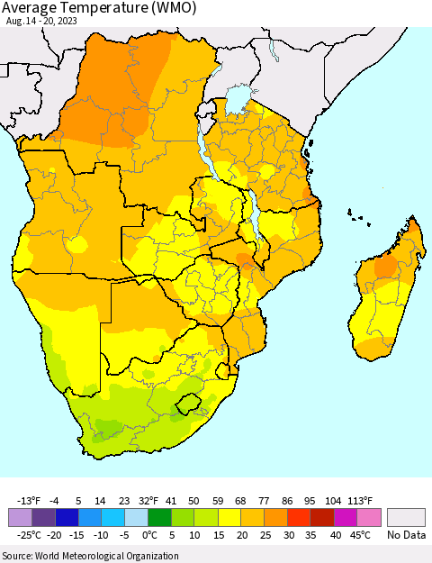 Southern Africa Average Temperature (WMO) Thematic Map For 8/14/2023 - 8/20/2023