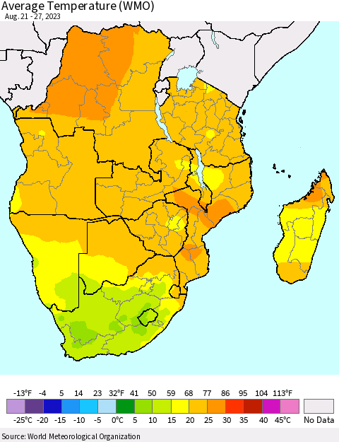 Southern Africa Average Temperature (WMO) Thematic Map For 8/21/2023 - 8/27/2023