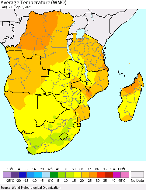 Southern Africa Average Temperature (WMO) Thematic Map For 8/28/2023 - 9/3/2023