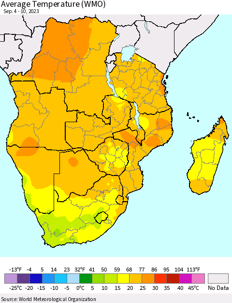 Southern Africa Average Temperature (WMO) Thematic Map For 9/4/2023 - 9/10/2023