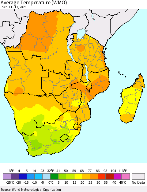 Southern Africa Average Temperature (WMO) Thematic Map For 9/11/2023 - 9/17/2023