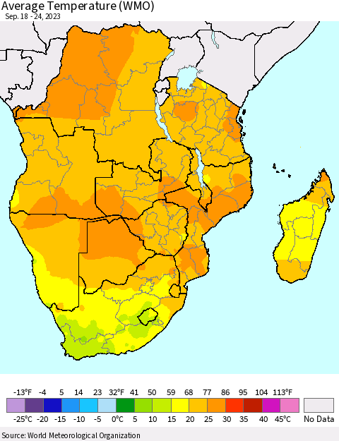 Southern Africa Average Temperature (WMO) Thematic Map For 9/18/2023 - 9/24/2023
