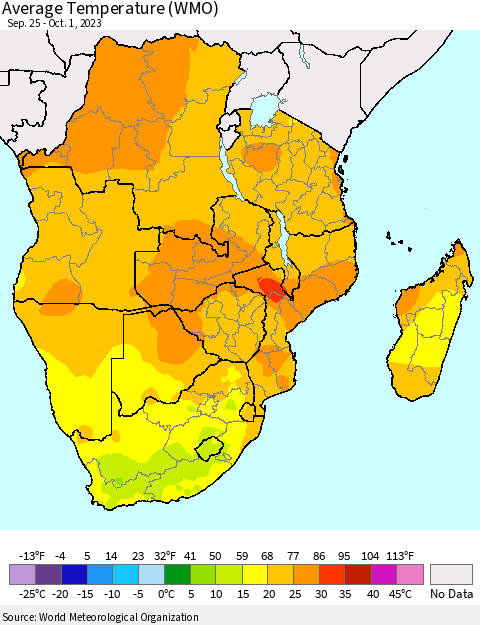 Southern Africa Average Temperature (WMO) Thematic Map For 9/25/2023 - 10/1/2023