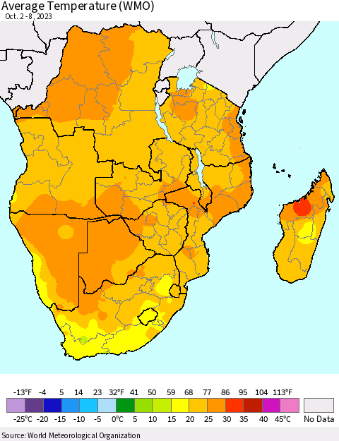 Southern Africa Average Temperature (WMO) Thematic Map For 10/2/2023 - 10/8/2023