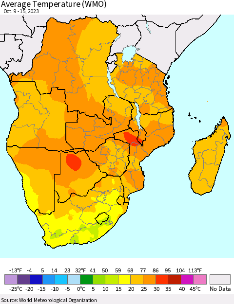Southern Africa Average Temperature (WMO) Thematic Map For 10/9/2023 - 10/15/2023