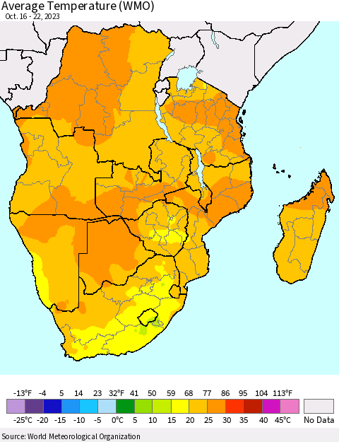 Southern Africa Average Temperature (WMO) Thematic Map For 10/16/2023 - 10/22/2023
