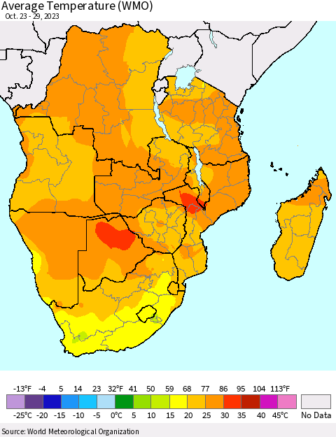 Southern Africa Average Temperature (WMO) Thematic Map For 10/23/2023 - 10/29/2023