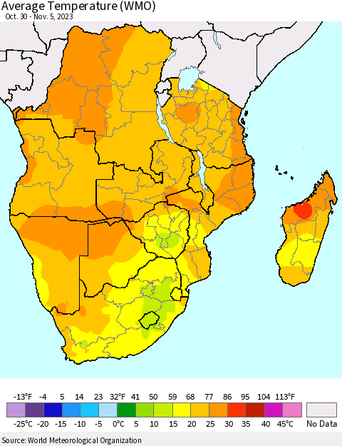 Southern Africa Average Temperature (WMO) Thematic Map For 10/30/2023 - 11/5/2023