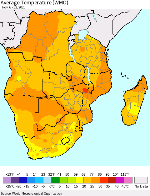 Southern Africa Average Temperature (WMO) Thematic Map For 11/6/2023 - 11/12/2023
