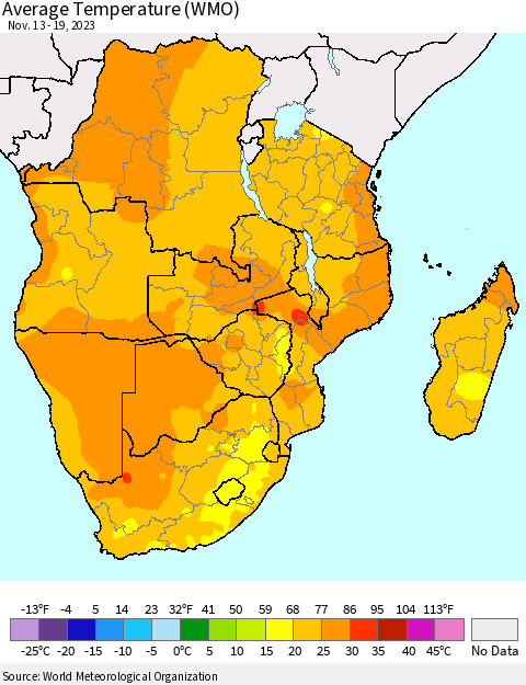 Southern Africa Average Temperature (WMO) Thematic Map For 11/13/2023 - 11/19/2023