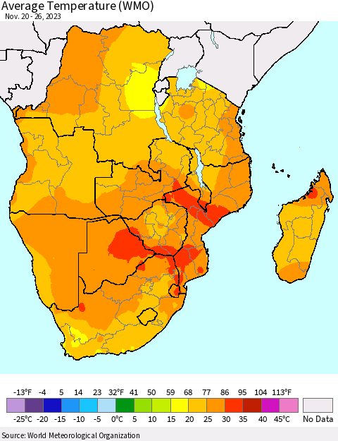 Southern Africa Average Temperature (WMO) Thematic Map For 11/20/2023 - 11/26/2023