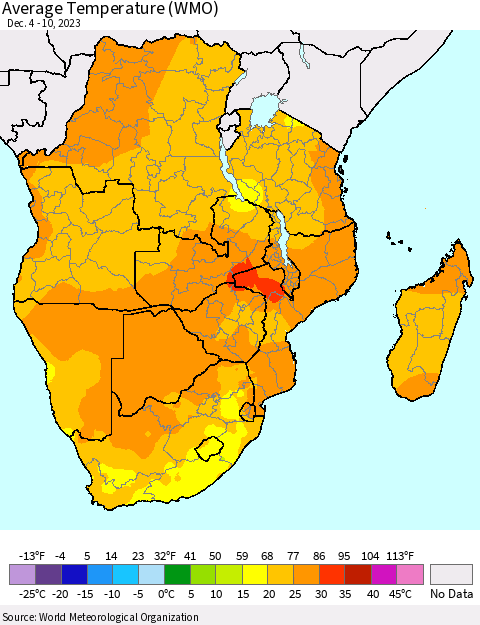 Southern Africa Average Temperature (WMO) Thematic Map For 12/4/2023 - 12/10/2023