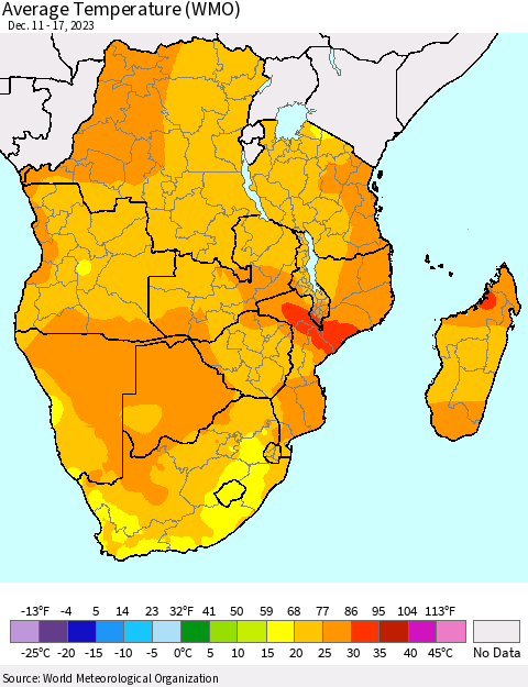 Southern Africa Average Temperature (WMO) Thematic Map For 12/11/2023 - 12/17/2023