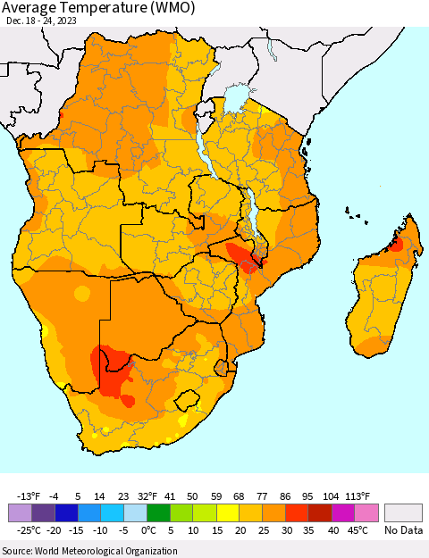 Southern Africa Average Temperature (WMO) Thematic Map For 12/18/2023 - 12/24/2023