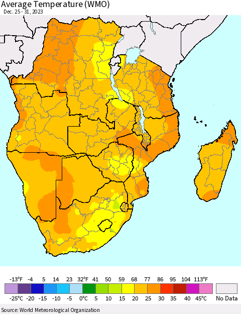 Southern Africa Average Temperature (WMO) Thematic Map For 12/25/2023 - 12/31/2023
