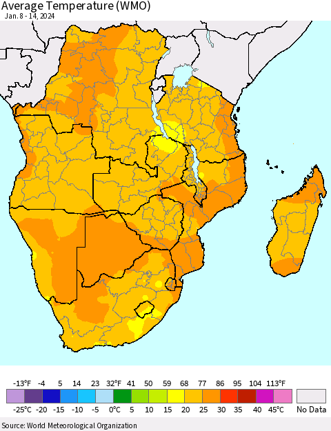 Southern Africa Average Temperature (WMO) Thematic Map For 1/8/2024 - 1/14/2024