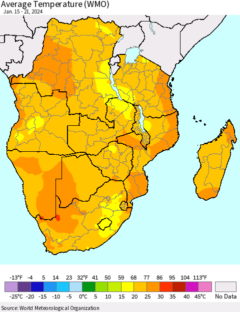 Southern Africa Average Temperature (WMO) Thematic Map For 1/15/2024 - 1/21/2024