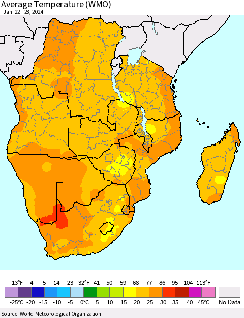 Southern Africa Average Temperature (WMO) Thematic Map For 1/22/2024 - 1/28/2024