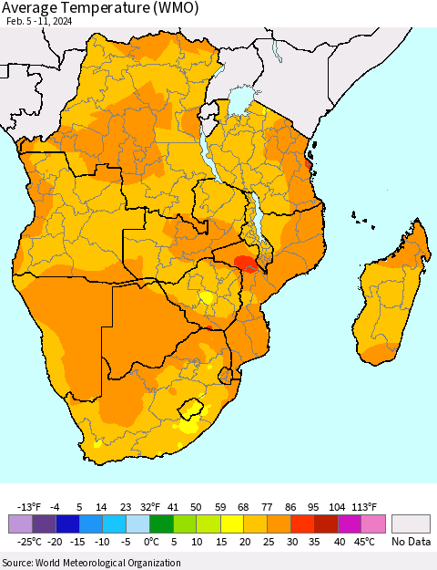 Southern Africa Average Temperature (WMO) Thematic Map For 2/5/2024 - 2/11/2024