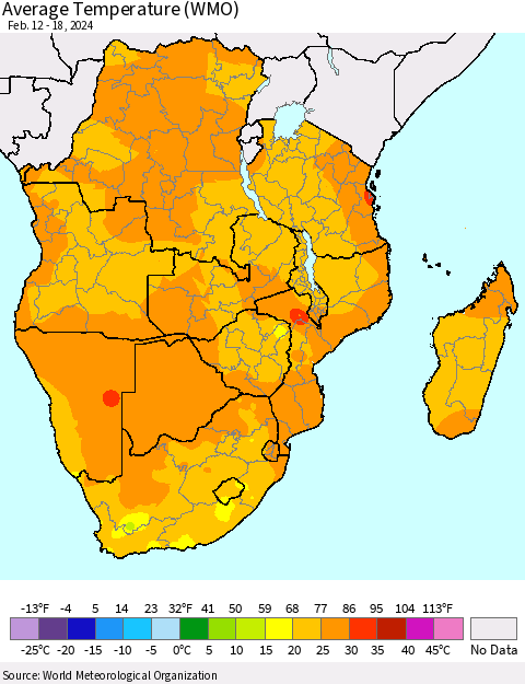 Southern Africa Average Temperature (WMO) Thematic Map For 2/12/2024 - 2/18/2024