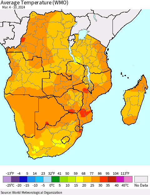Southern Africa Average Temperature (WMO) Thematic Map For 3/4/2024 - 3/10/2024