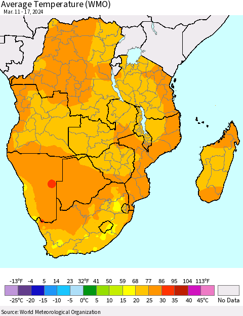 Southern Africa Average Temperature (WMO) Thematic Map For 3/11/2024 - 3/17/2024