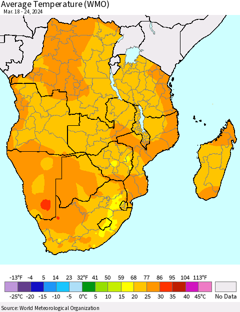 Southern Africa Average Temperature (WMO) Thematic Map For 3/18/2024 - 3/24/2024