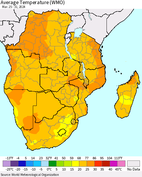 Southern Africa Average Temperature (WMO) Thematic Map For 3/25/2024 - 3/31/2024