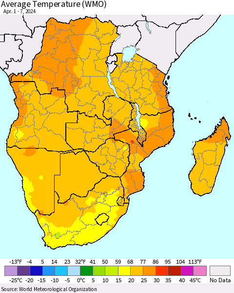 Southern Africa Average Temperature (WMO) Thematic Map For 4/1/2024 - 4/7/2024