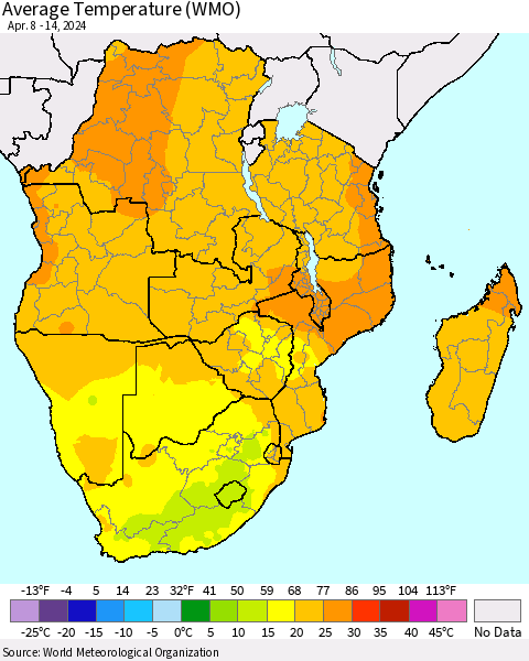 Southern Africa Average Temperature (WMO) Thematic Map For 4/8/2024 - 4/14/2024