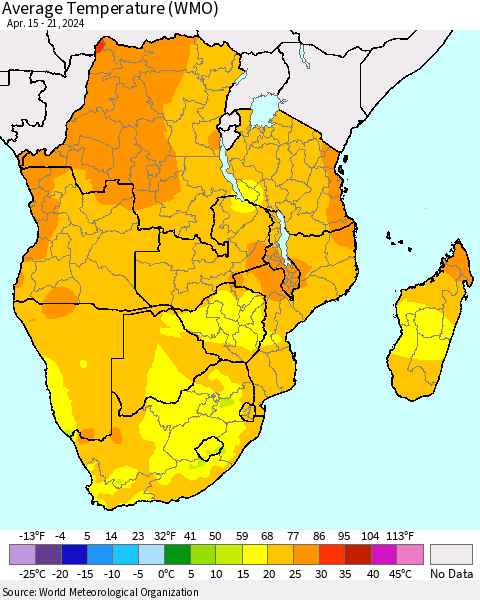 Southern Africa Average Temperature (WMO) Thematic Map For 4/15/2024 - 4/21/2024