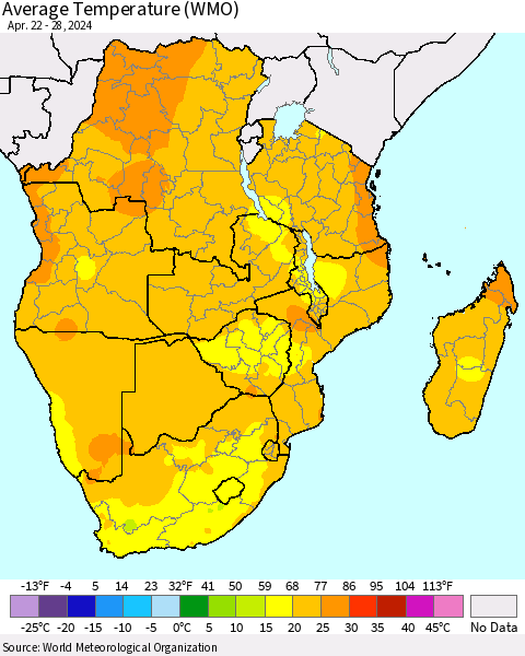 Southern Africa Average Temperature (WMO) Thematic Map For 4/22/2024 - 4/28/2024
