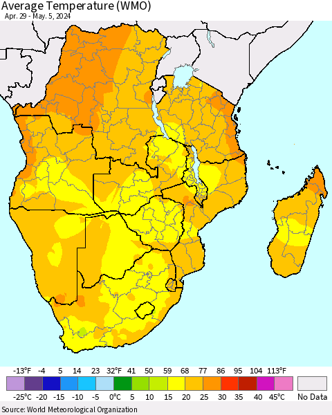 Southern Africa Average Temperature (WMO) Thematic Map For 4/29/2024 - 5/5/2024