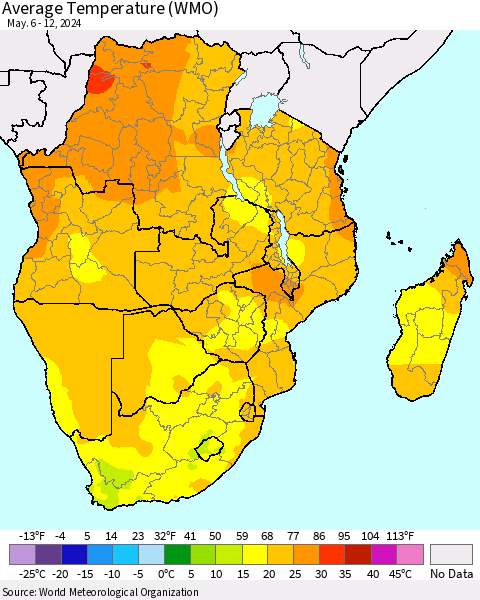 Southern Africa Average Temperature (WMO) Thematic Map For 5/6/2024 - 5/12/2024