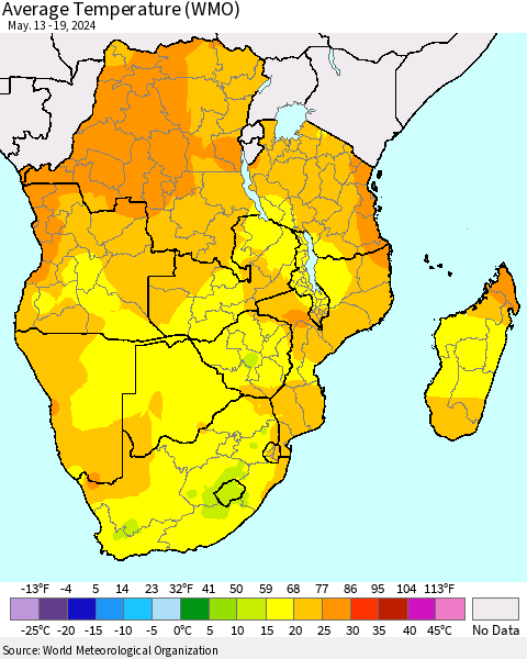 Southern Africa Average Temperature (WMO) Thematic Map For 5/13/2024 - 5/19/2024