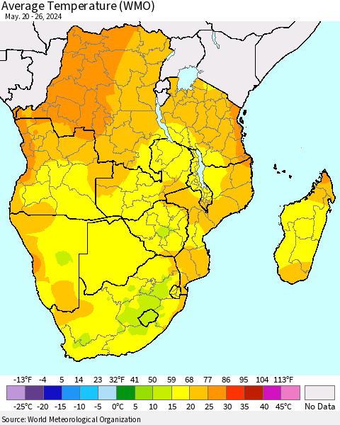 Southern Africa Average Temperature (WMO) Thematic Map For 5/20/2024 - 5/26/2024